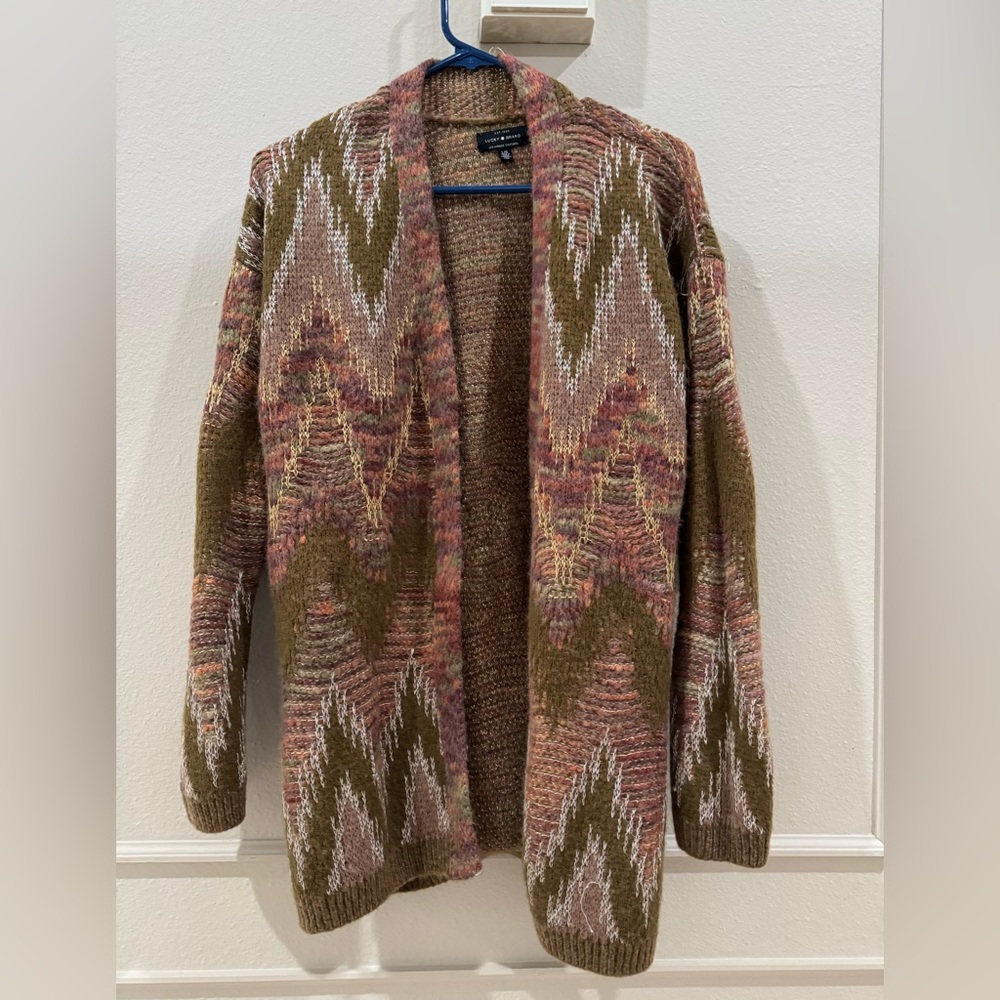 Lucky brand wool knit sweater Aztec western open front long cardigan size Large